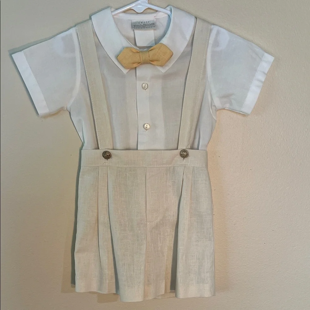 Vintage Kids Beige Suspender Outfit with Bow Tie. It's Classic!​